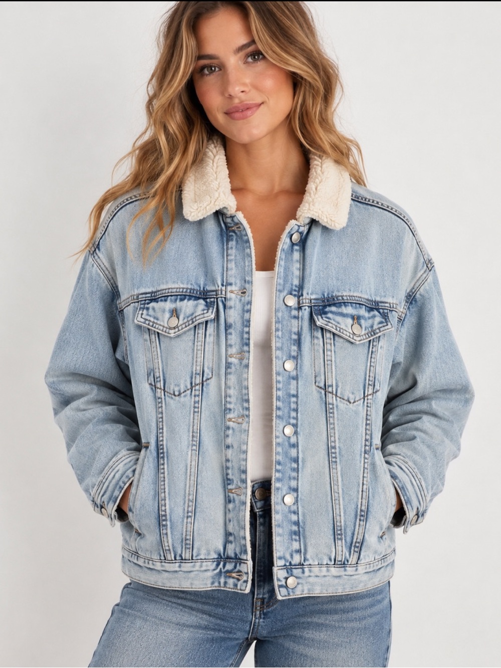 American Eagle XS Sherpa Lined Distressed Denim Trucker Jacket Light Wash